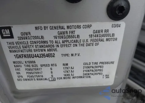 2004 GMC Yukon Xl 1500 Denali из США, поврежденный, VIN 1GKFK66U44J264652